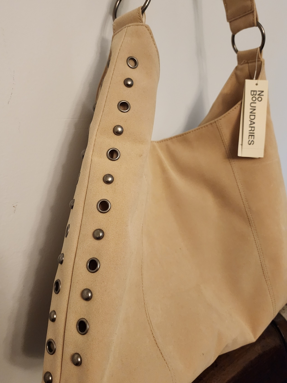 Purse No Boundaries Tan Suede Shoulder Hobo with Stud Accents